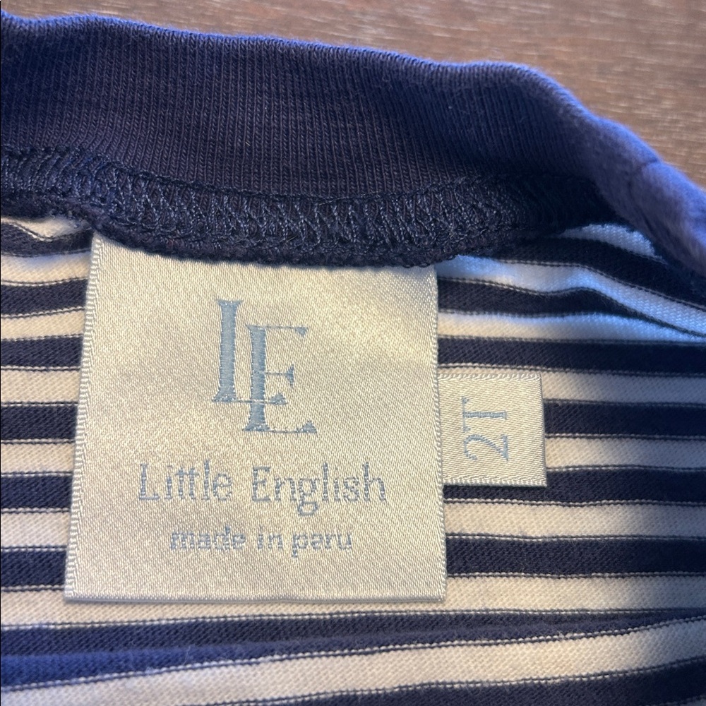Little English Navy Stripe White Dog with Paw Print on Arms Cotton T-Shirt - Picture 2 of 3